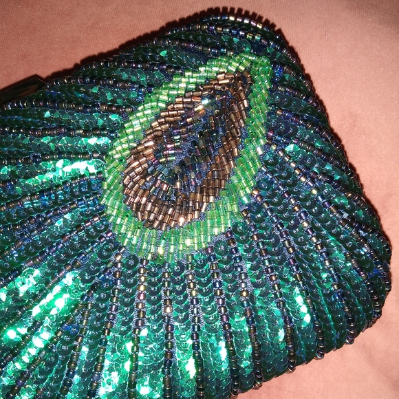 Peacock Blue Feather Retro 20s 30s Style Sequin Box Clutch Purse Crossbody Chain - Picture 13 of 16